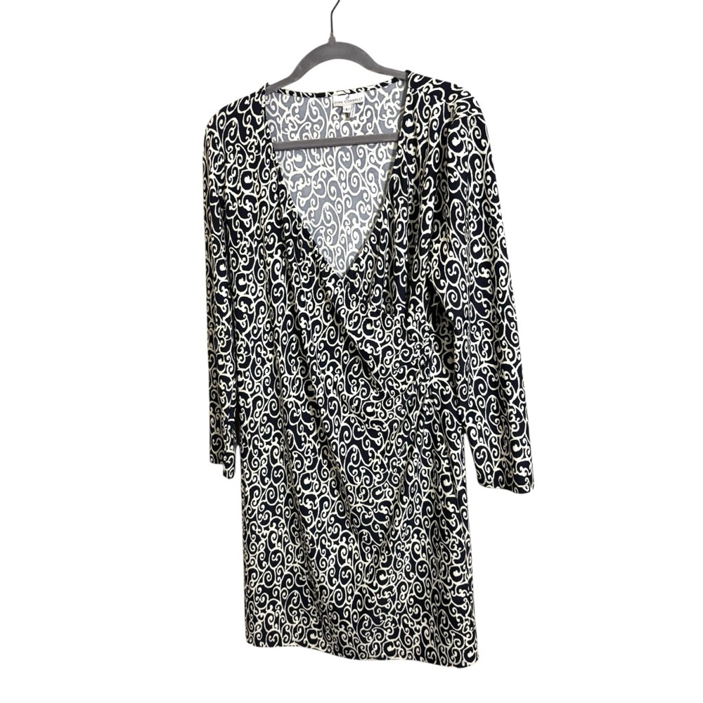 Jude Connally Blue White‎ Abstract Print Faux Wrap Midi Dress Large